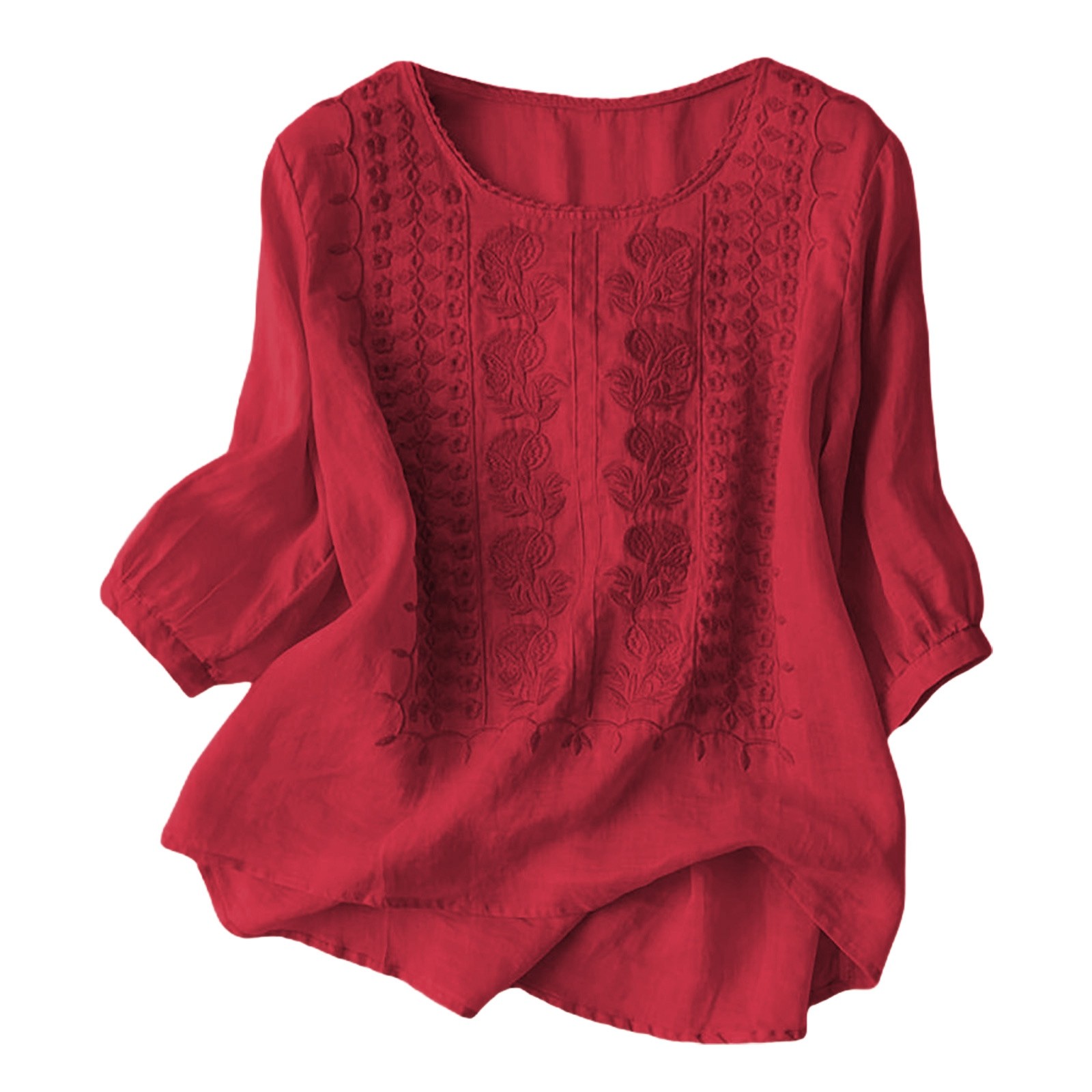 thumbnail image 4 of Camiseta con bordado floral en el cuello para mujer: prenda informal de verano con diseño en color liso, mezcla de lino ligera, fácil de cuidar., 4 of 4